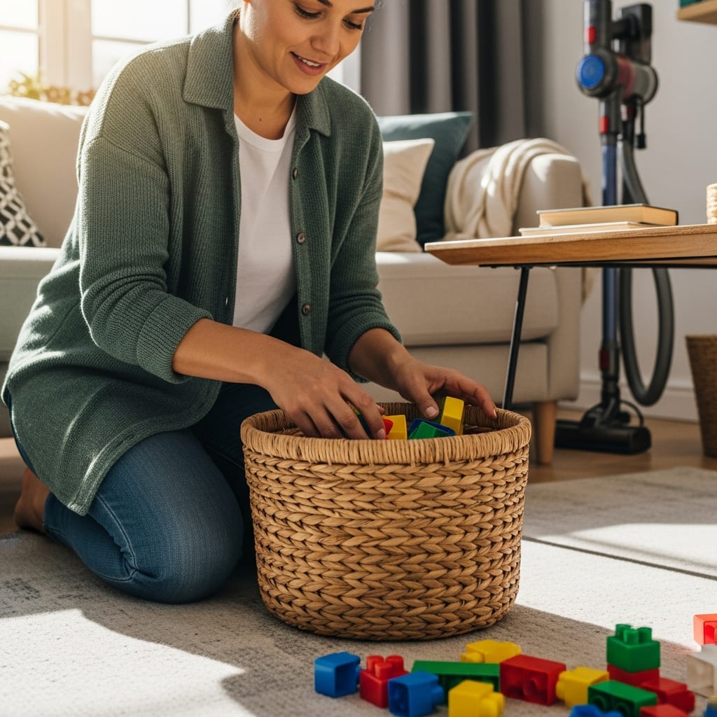 A parent tidying toys into a basket, showing how a Valentine’s Day cleaning checklist helps manage busy family life.