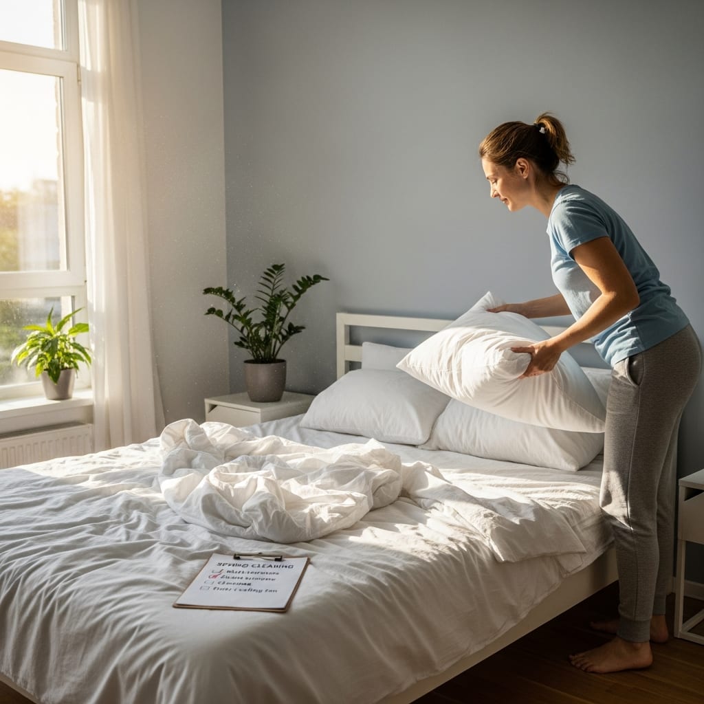 A person fluffing pillows in a bright bedroom to finish tasks from their detailed spring cleaning checklist for families.