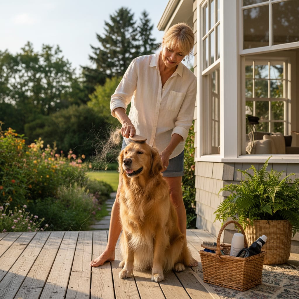 A person grooming a dog on a sunny porch following essential pet hair cleaning tips to reduce indoor allergens.