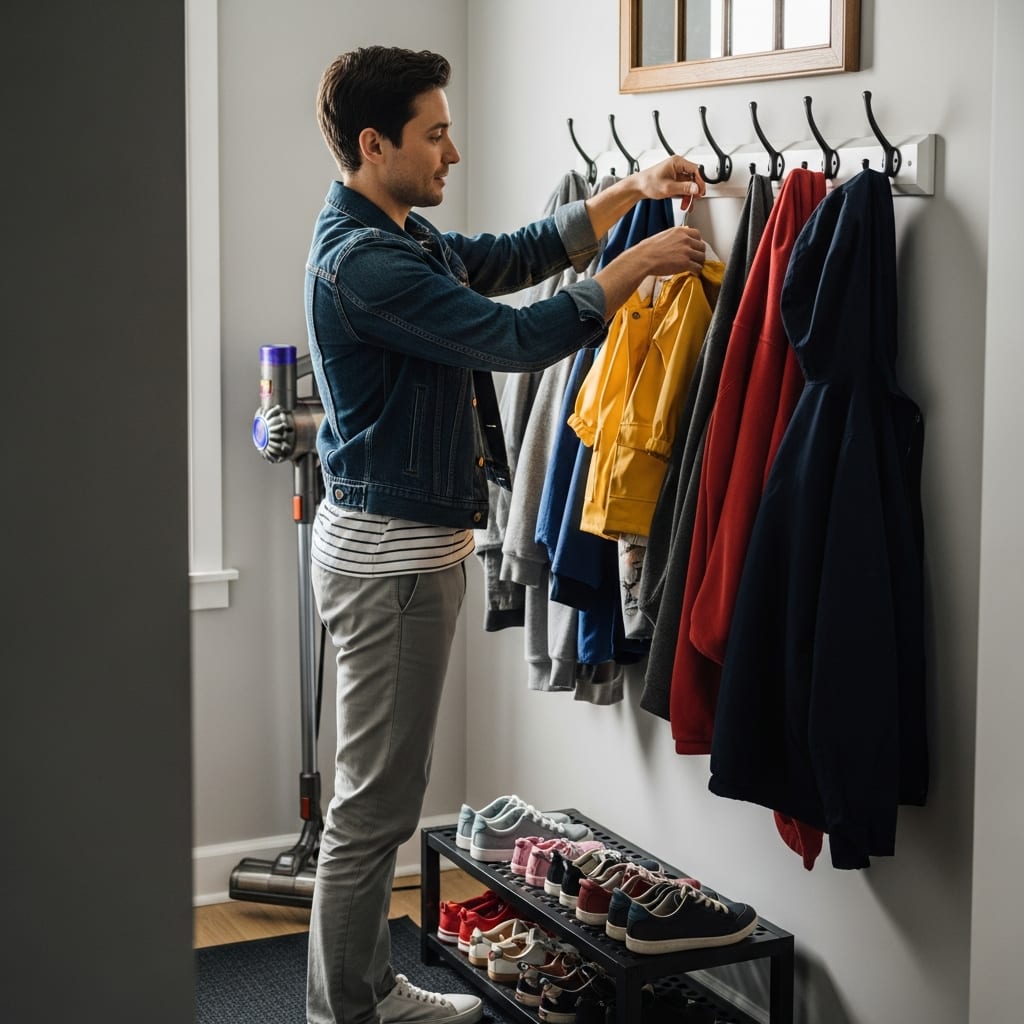 A person organizing shoes and coats in a sunny entryway while cleaning when overwhelmed to reduce daily stress.