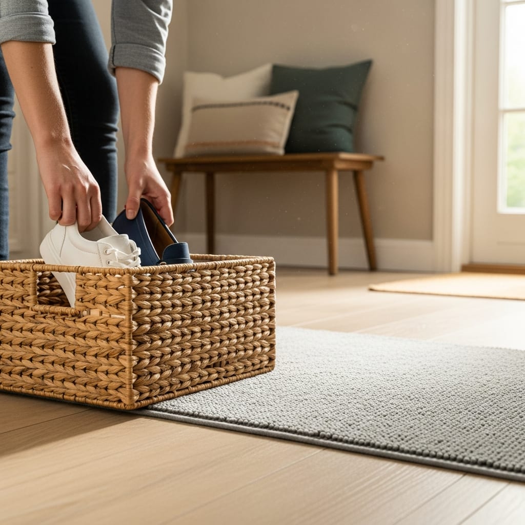 A person placing shoes into an entryway basket, demonstrating allergy season cleaning tips to keep outdoor pollen from spreading indoors.