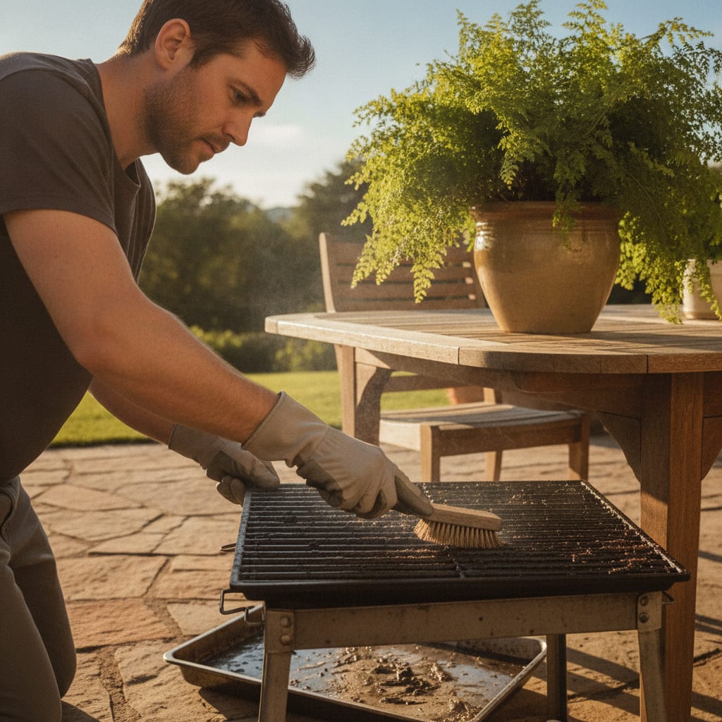 A person prepares the backyard grill using Father's Day cleaning tips to ensure the outdoor cooking space is celebration ready.