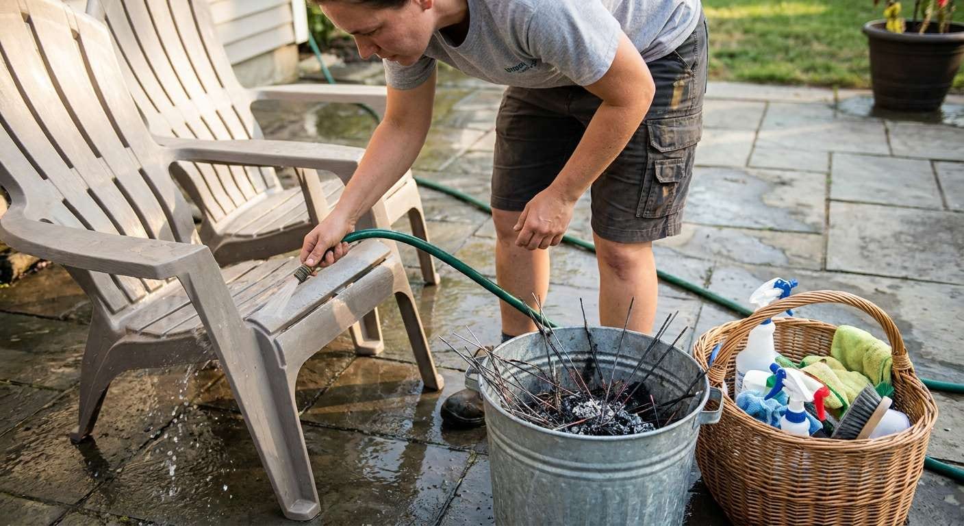 A person rinses patio furniture near a metal debris bin, applying essential Fourth of July cleaning tips to their backyard.