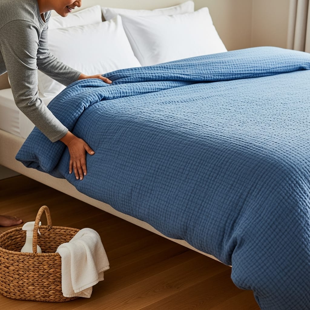 A person smoothing a thick winter blanket on a bed, illustrating a key part of a bedroom cleaning checklist for families.