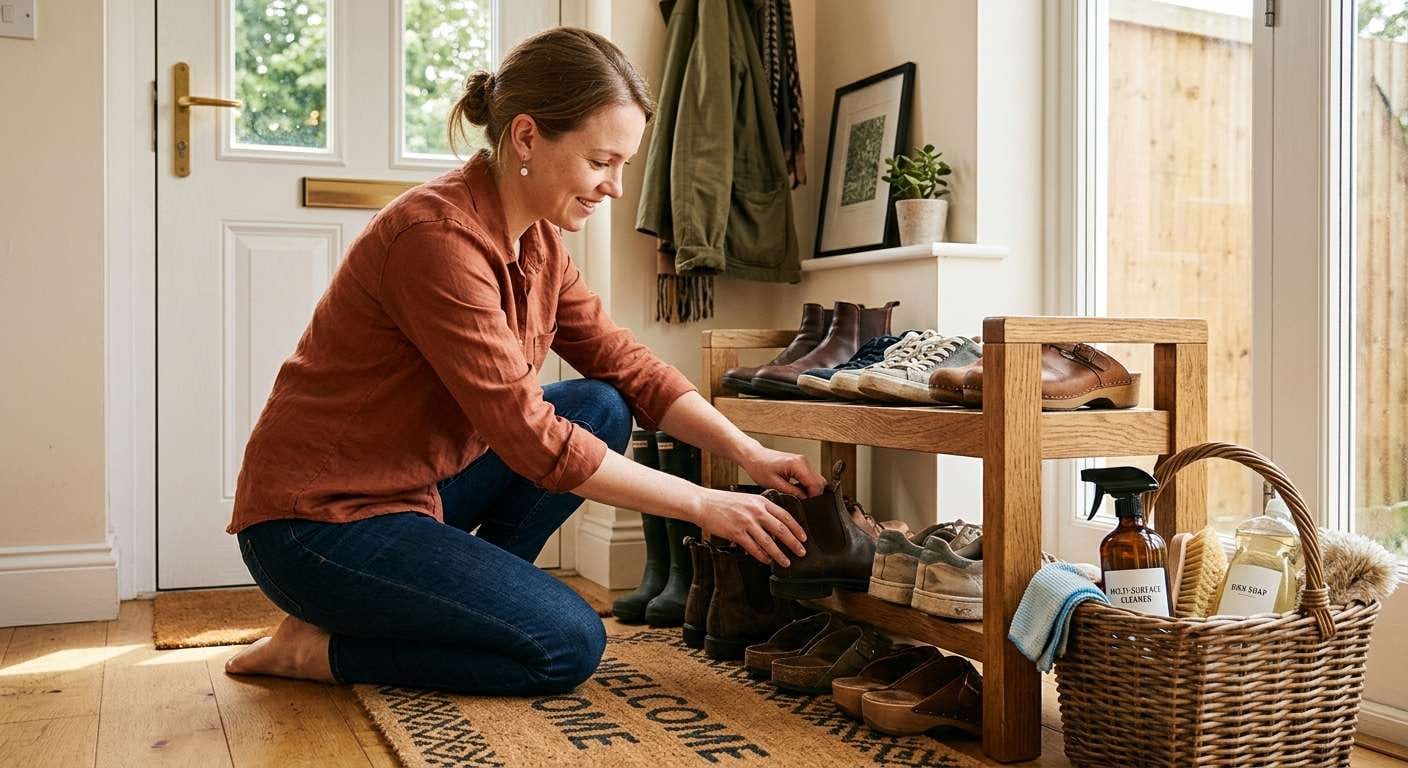 A person tidying shoes in a mudroom as part of a summer deep cleaning to stop grass clippings.