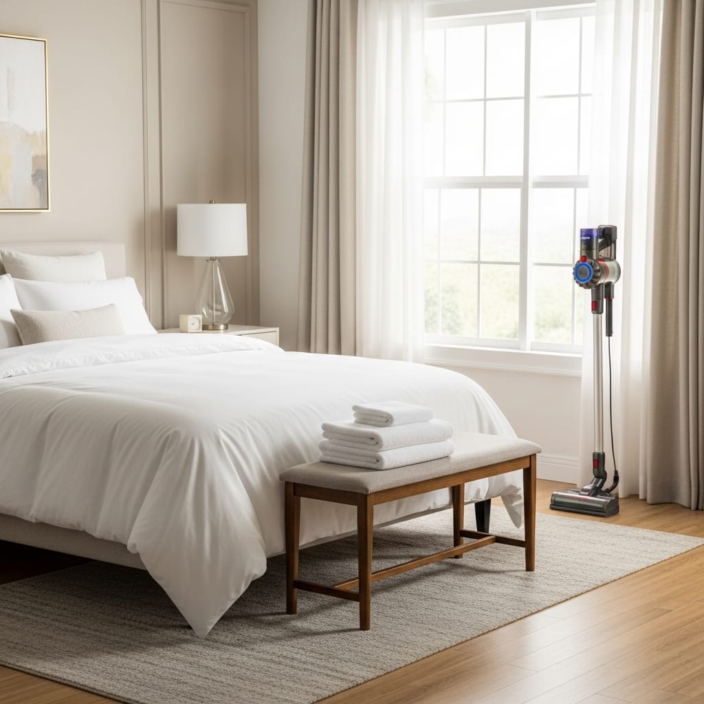 A serene, sunlit bedroom with fresh linens and a HEPA vacuum, highlighting the result of allergy season cleaning tips.