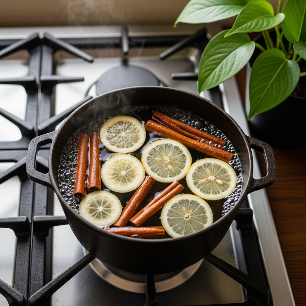 A simmering stovetop pot with lemon and cinnamon shows how to get rid of winter odors in house naturally.