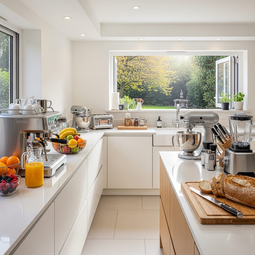 A sunlit, clean kitchen ready for the morning, illustrating the peaceful result of a consistent cleaning schedule for busy families.
