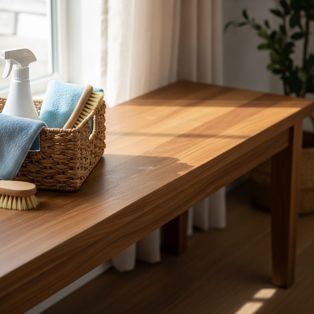 A tidy entryway bench featuring a cleaning basket, part of a thorough post holiday cleaning checklist for local families.
