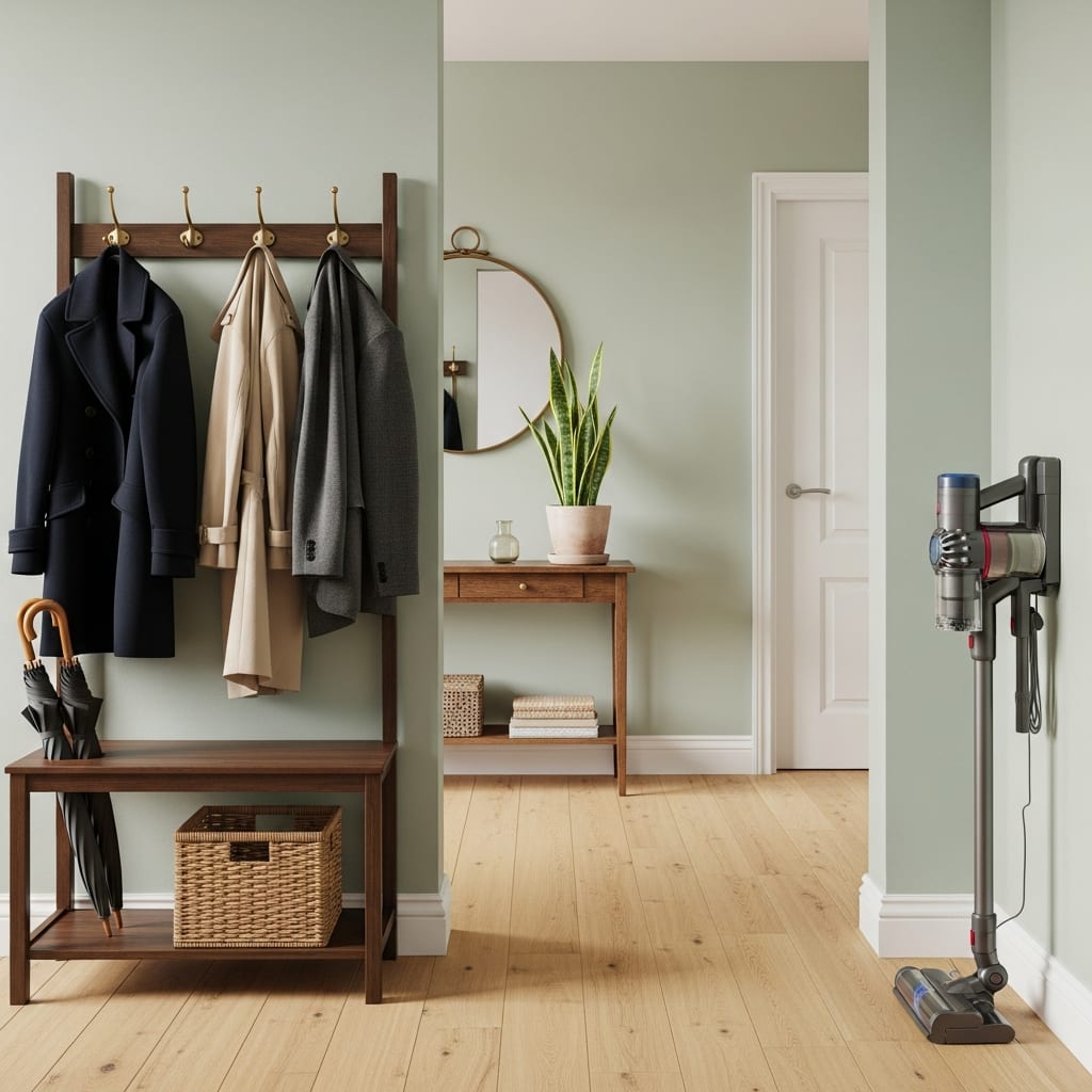 A tidy entryway with clear floor space demonstrates how spring decluttering tips create a welcoming home for busy families.