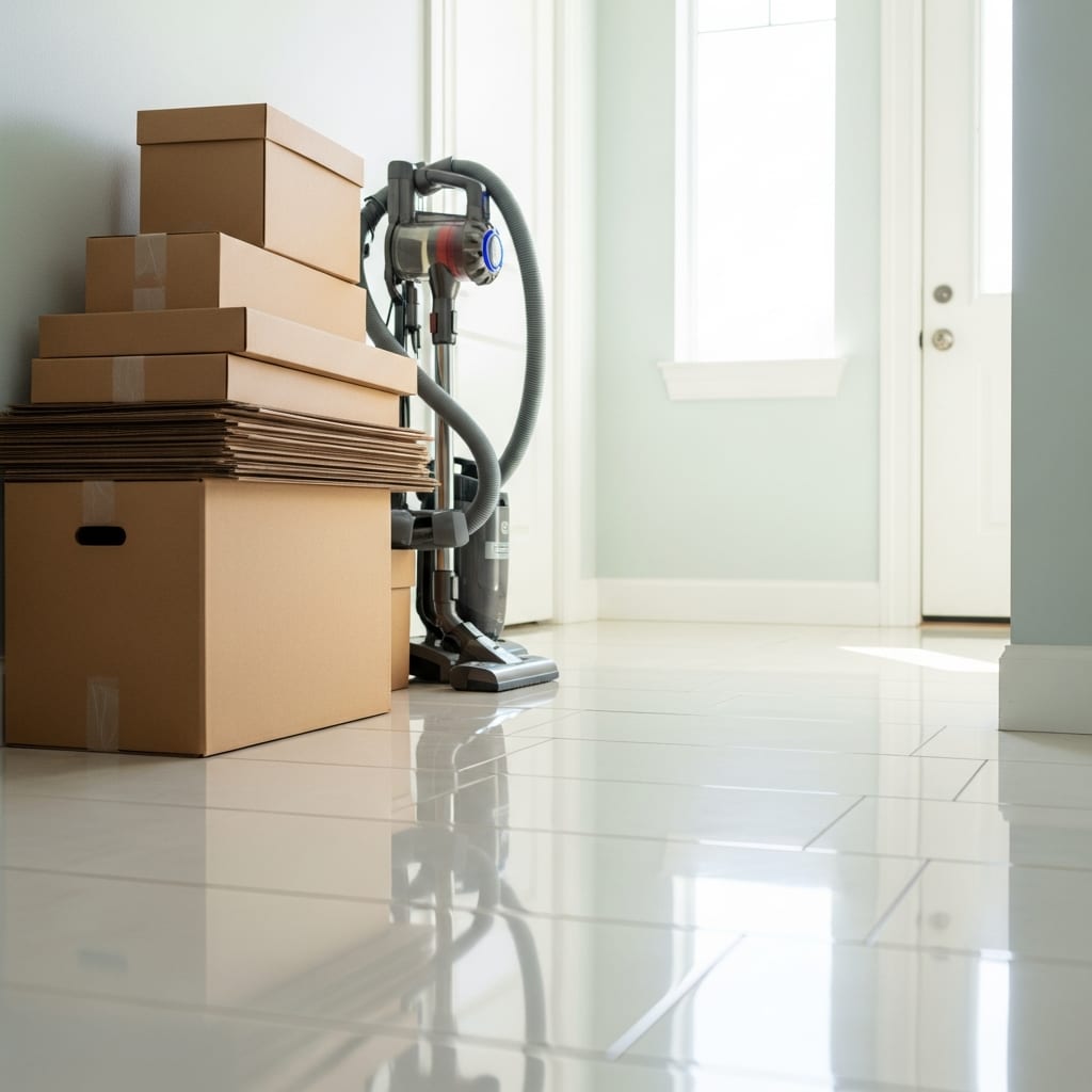 A tidy entryway with clear floors illustrates the peaceful result of decluttering after the holidays and reclaiming living space.