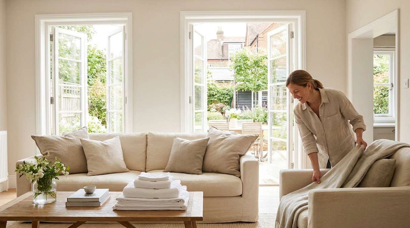 A tidy living room with fluffed pillows and open windows demonstrates the successful result of Fourth of July cleaning tips.