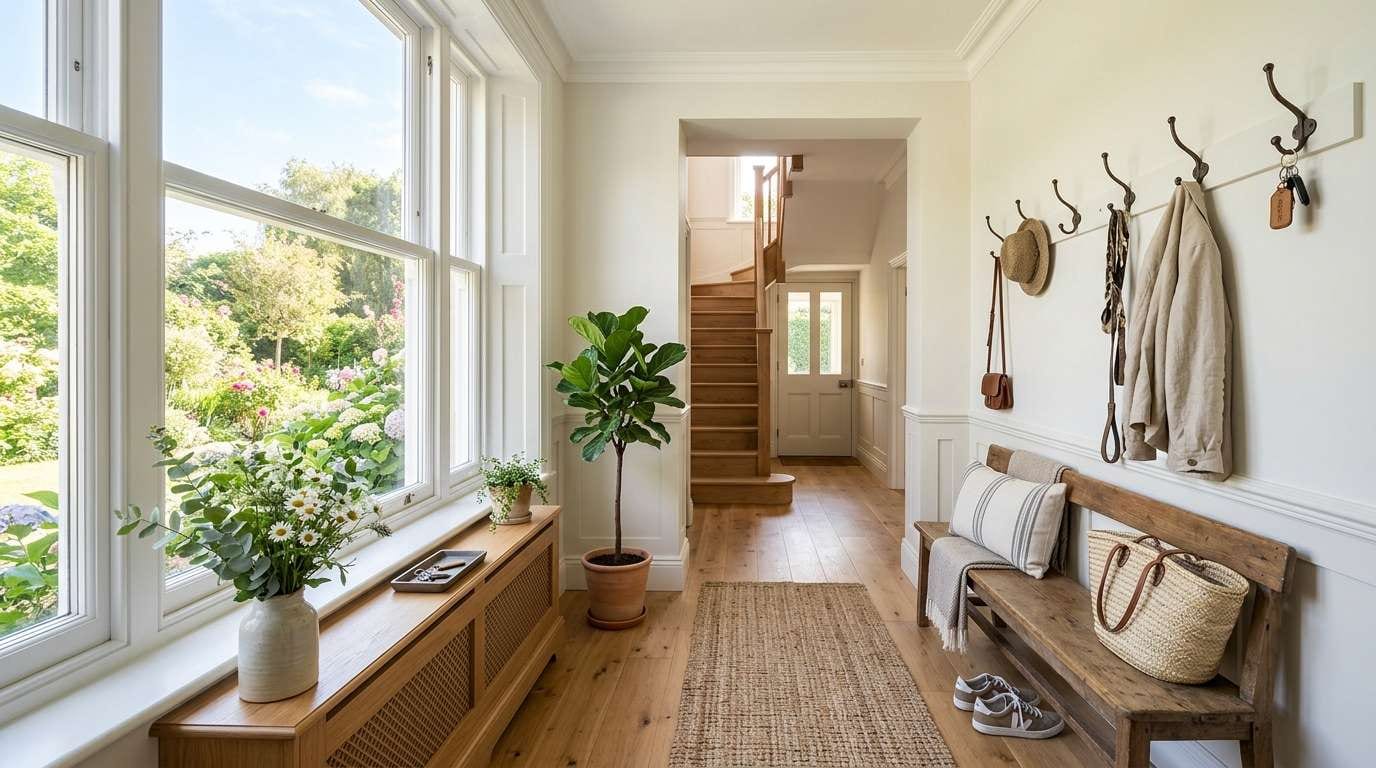 A wide shot of a bright and ventilated home entryway, reflecting the peace of mind gained from bathroom cleaning tips.