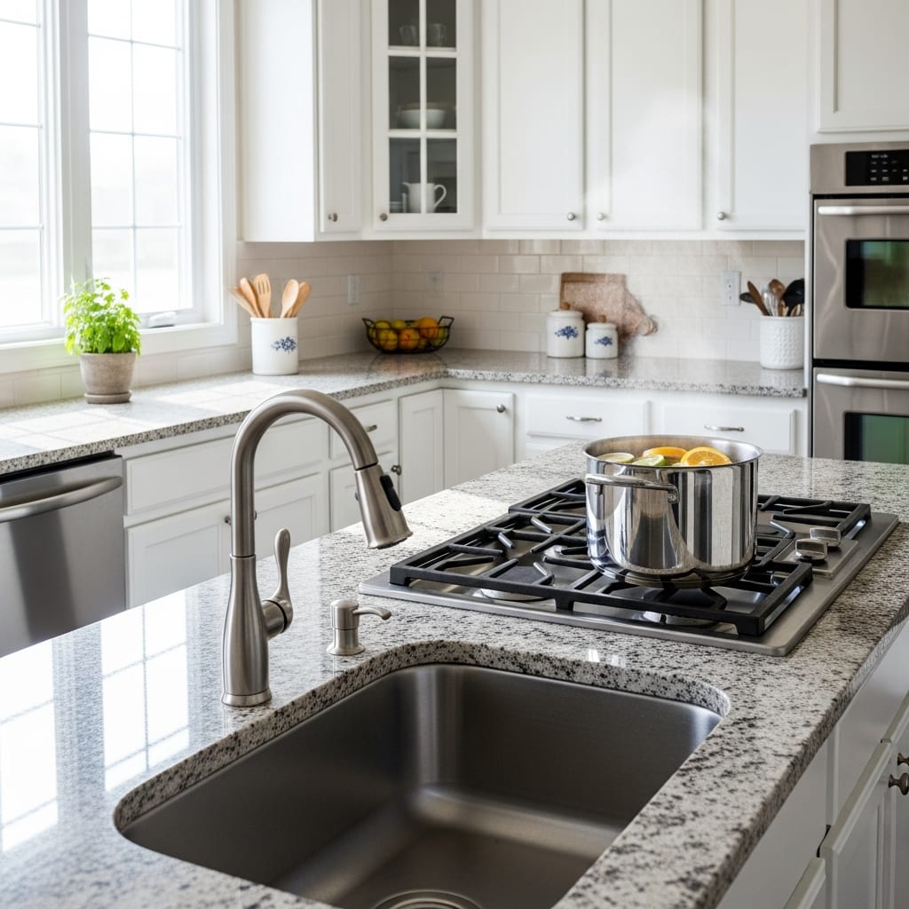 A wide shot of a clean, bright kitchen with natural light, following a Valentine’s Day cleaning checklist.