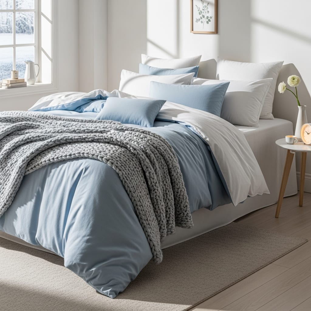 A wide shot of a tidy bedroom with fresh linens, illustrating the peaceful outcome of completing a January cleaning checklist this winter.