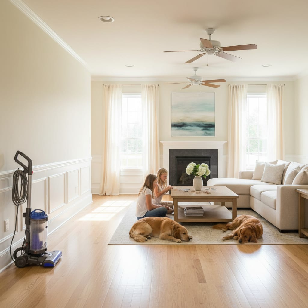 A wide, sunlit living room with clean baseboards and fresh air showing the results of pet hair cleaning tips.