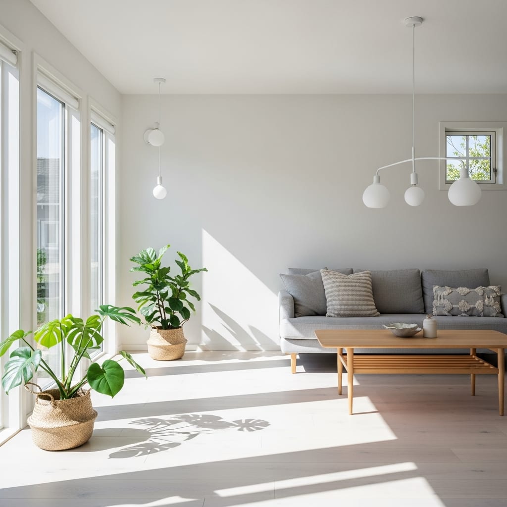 A wide view of a bright living room showing the successful results of a professional move-out cleaning service.
