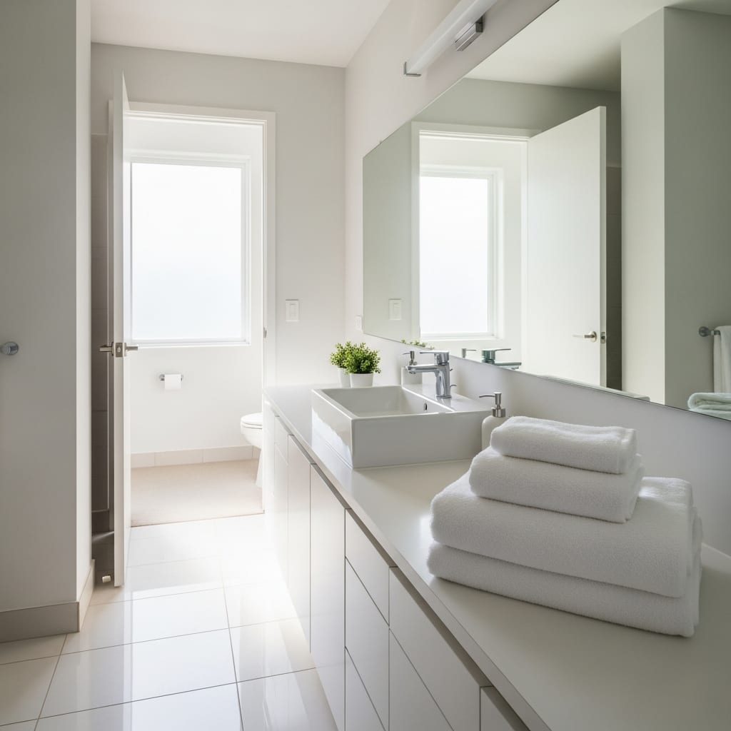 A wide view of a clean and bright bathroom, demonstrating the relief found in cleaning when overwhelmed by chores.