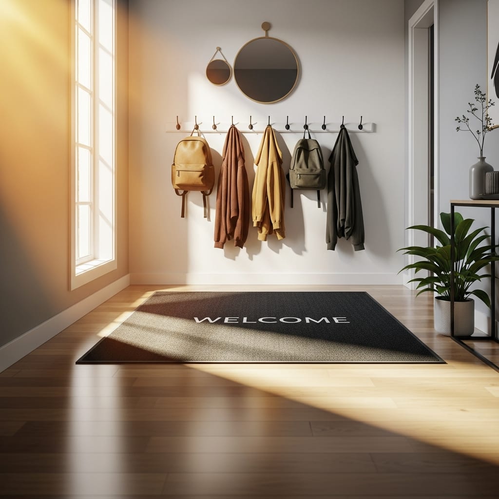 A wide view of a clean and organized entryway with natural light, illustrating the impact of expert holiday house cleaning.