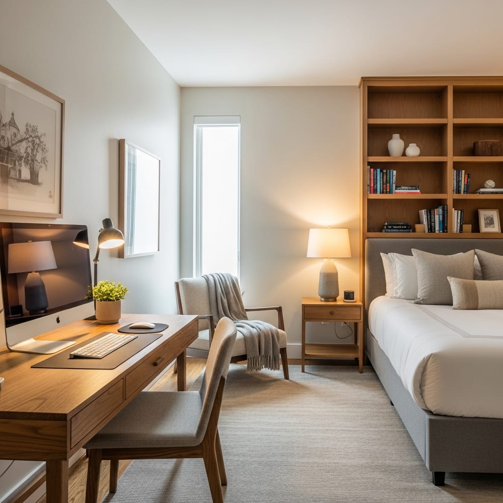 A wide view of a clean and organized multi-purpose room completed using a guest room cleaning checklist for hosting.
