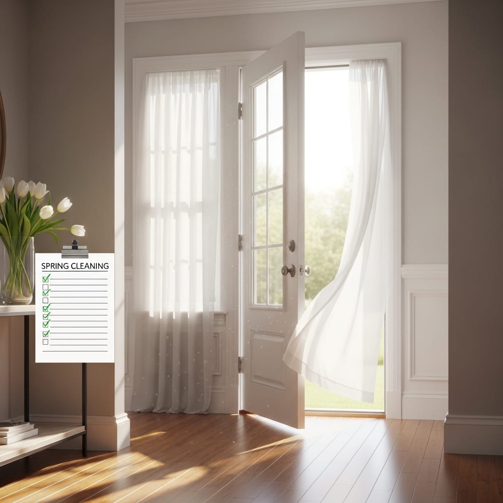 A wide view of a sunlit entryway with clean baseboards and an open window after using a spring cleaning checklist.