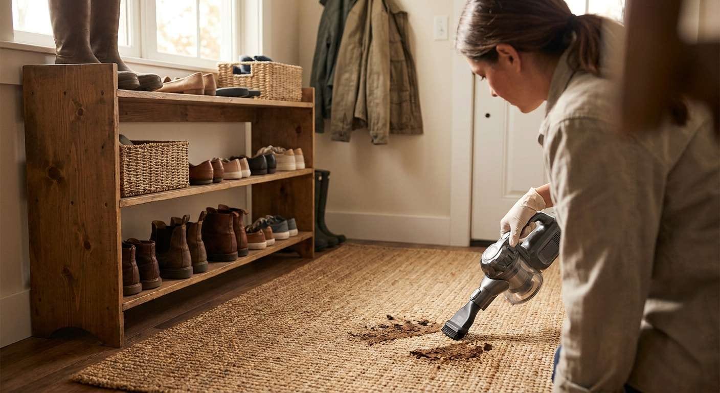 An over the shoulder view of a person vacuuming a rug, showcasing practical Fourth of July cleaning tips for entryways.
