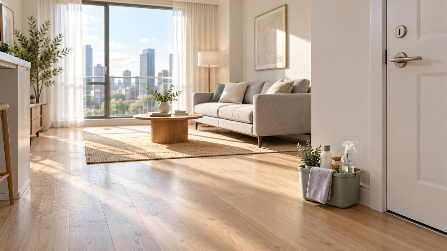 A bright, empty condo living area with a cleaning caddy and supplies set down near the entry door
