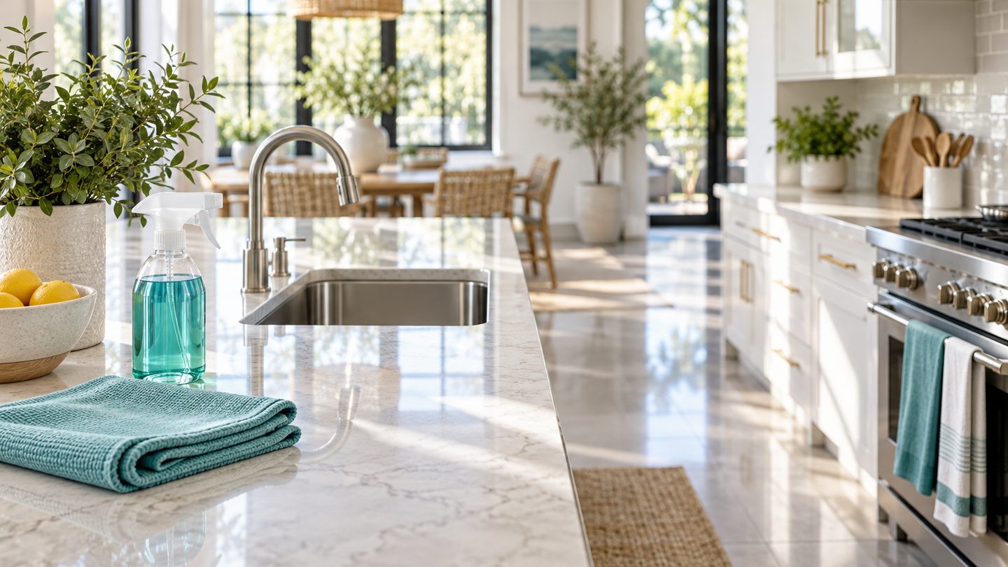 A freshly deep-cleaned modern kitchen in daylight