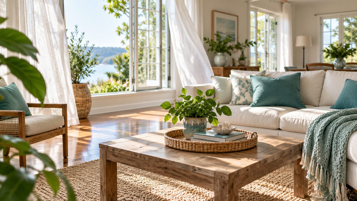 An airy living room at the end of summer with open windows