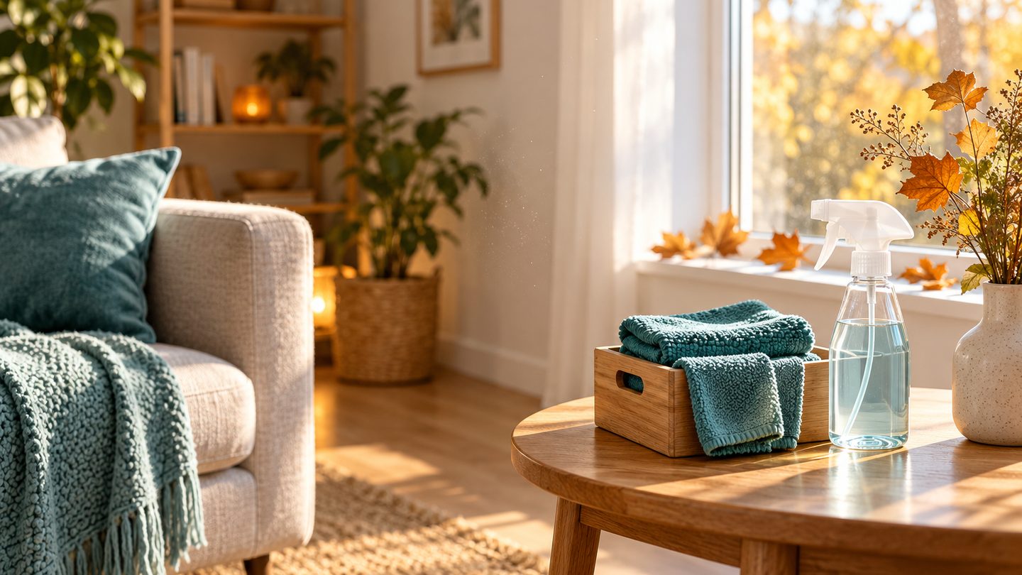 A sunlit, freshly cleaned living room with cleaning cloths and a spray bottle