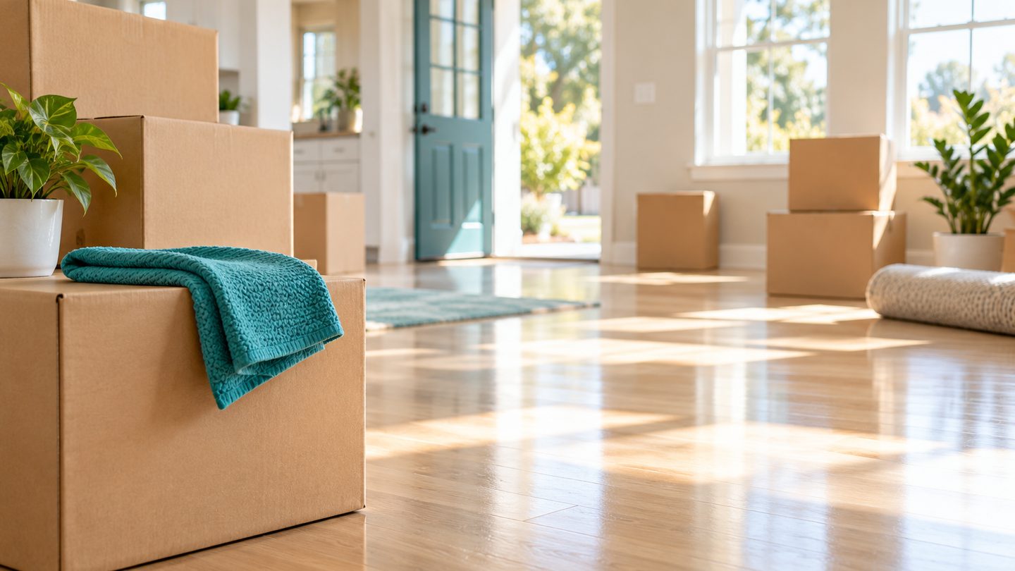 A bright, empty home interior with neatly stacked moving boxes before move-in