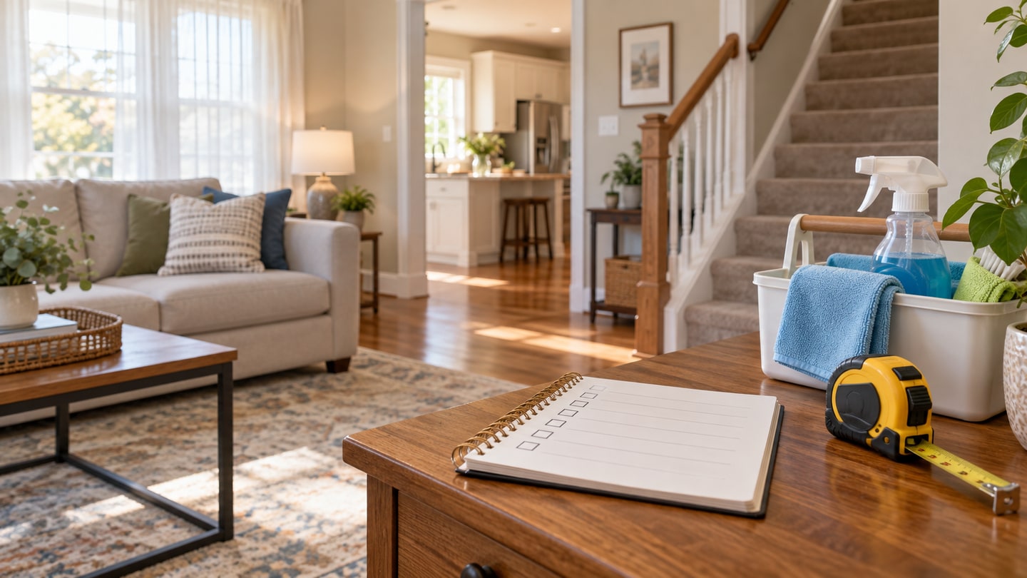 A bright living room with an open notebook, tape measure and cleaning caddy on a wooden table, with a kitchen and staircase in the background