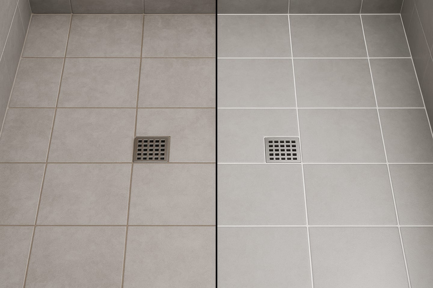 Clean grout from tiles before and after on shower floor comparison