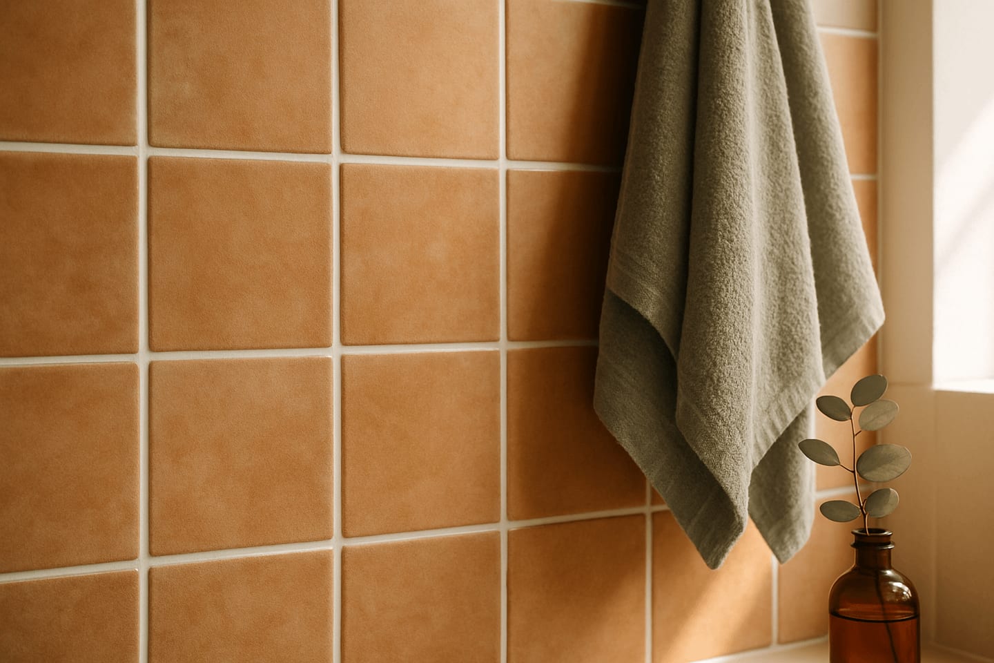 Clean grout from tiles in bathroom close-up with autumn accents