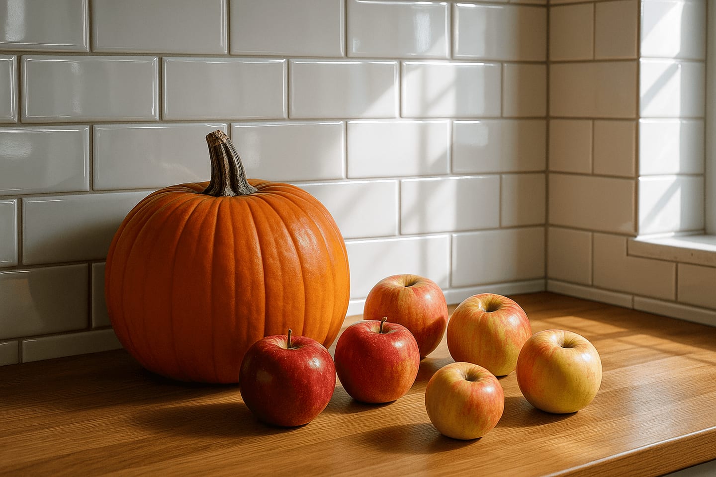 Clean grout from tiles on kitchen backsplash with autumn produce decor