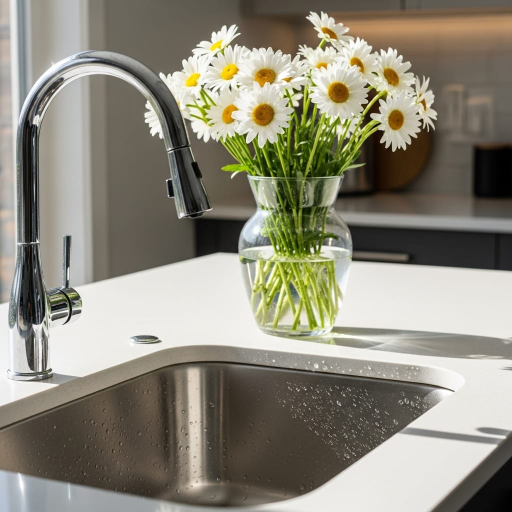 Close-up of a bright kitchen sink and clear counters with flowers, showing the result of cleaning when overwhelmed by housework.