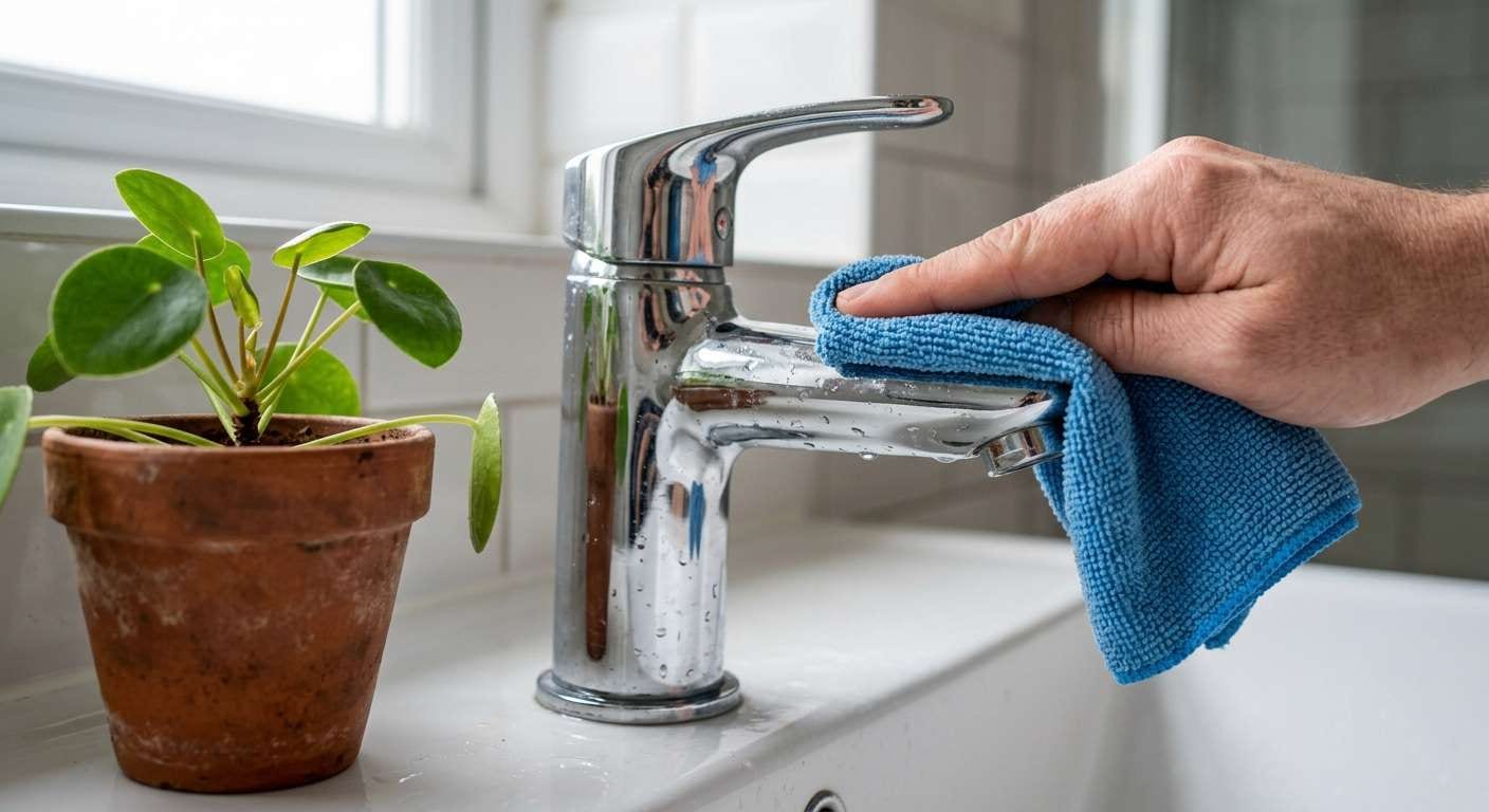Close up of a chrome faucet being polished, illustrating simple bathroom cleaning tips to maintain a sparkling and hygienic home.