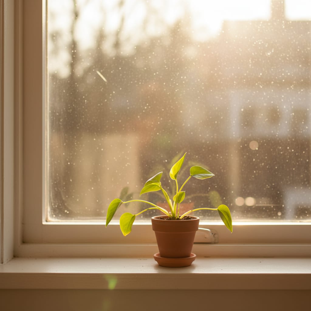 Close up of a clean window sill and glass reflecting sunlight with a summer cleaning checklist cue of a nearby plant.