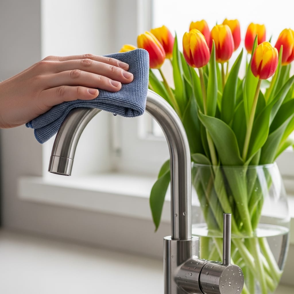 Close-up of a hand using a cloth to disinfect high touch surfaces like a kitchen faucet in a bright home.