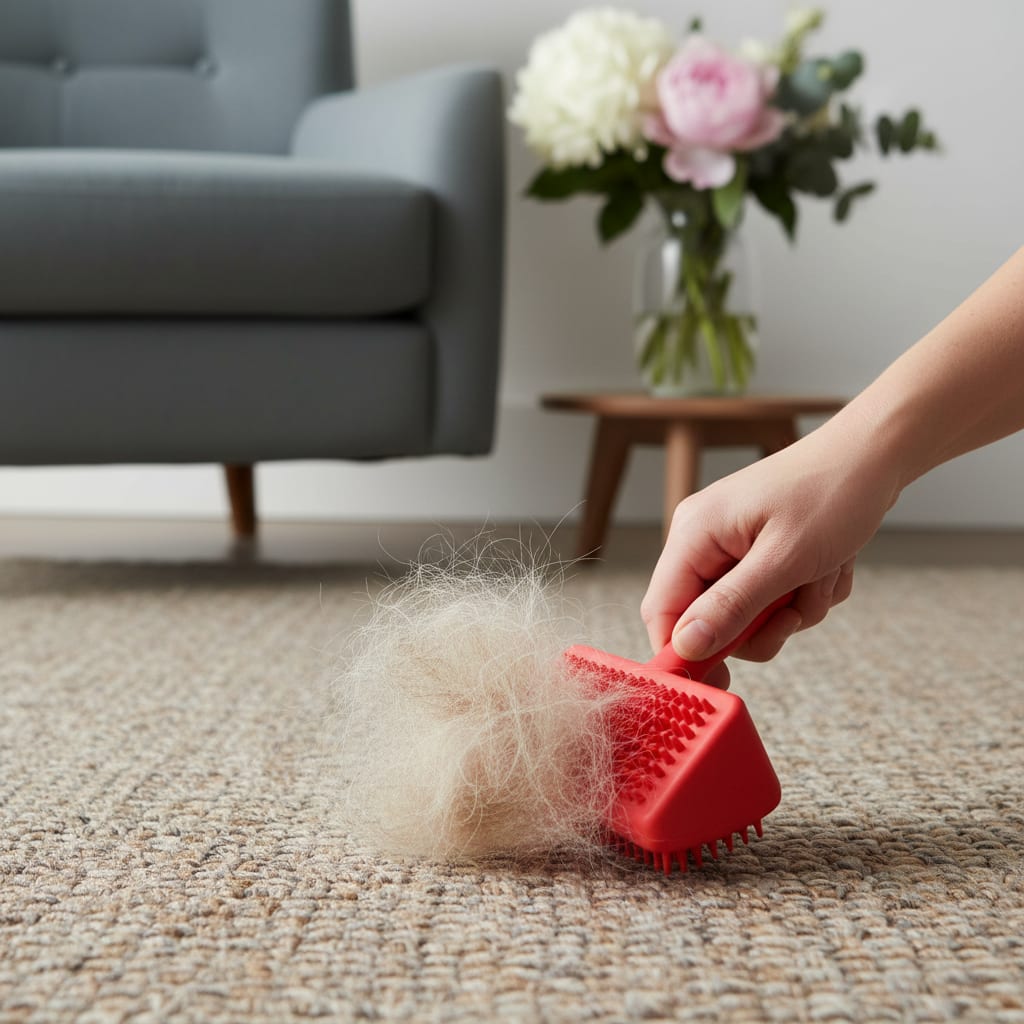 Close up of a rubber brush removing fur from a rug as part of pet hair cleaning tips for homeowners.