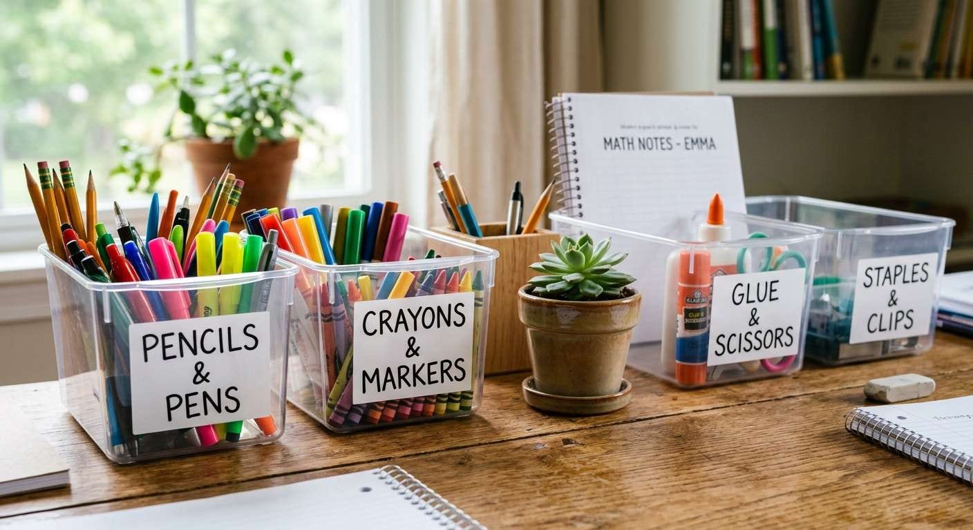 Close-up of a tidy desk corner with labeled clear bins for kids study space organization and fresh flowers nearby.
