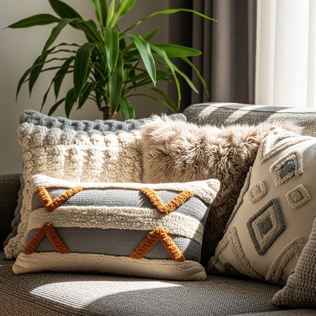 Close-up of clean throw pillows and a houseplant, showcasing essential allergy season cleaning tips for soft home surfaces and fabrics.
