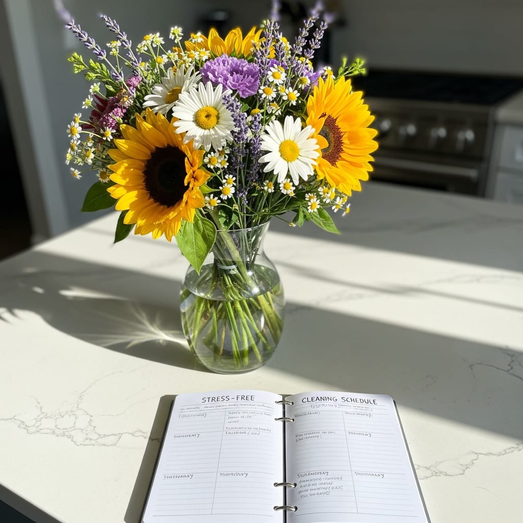 Close-up of fresh flowers on a sunlit kitchen counter showing the result of a consistent house cleaning schedule.