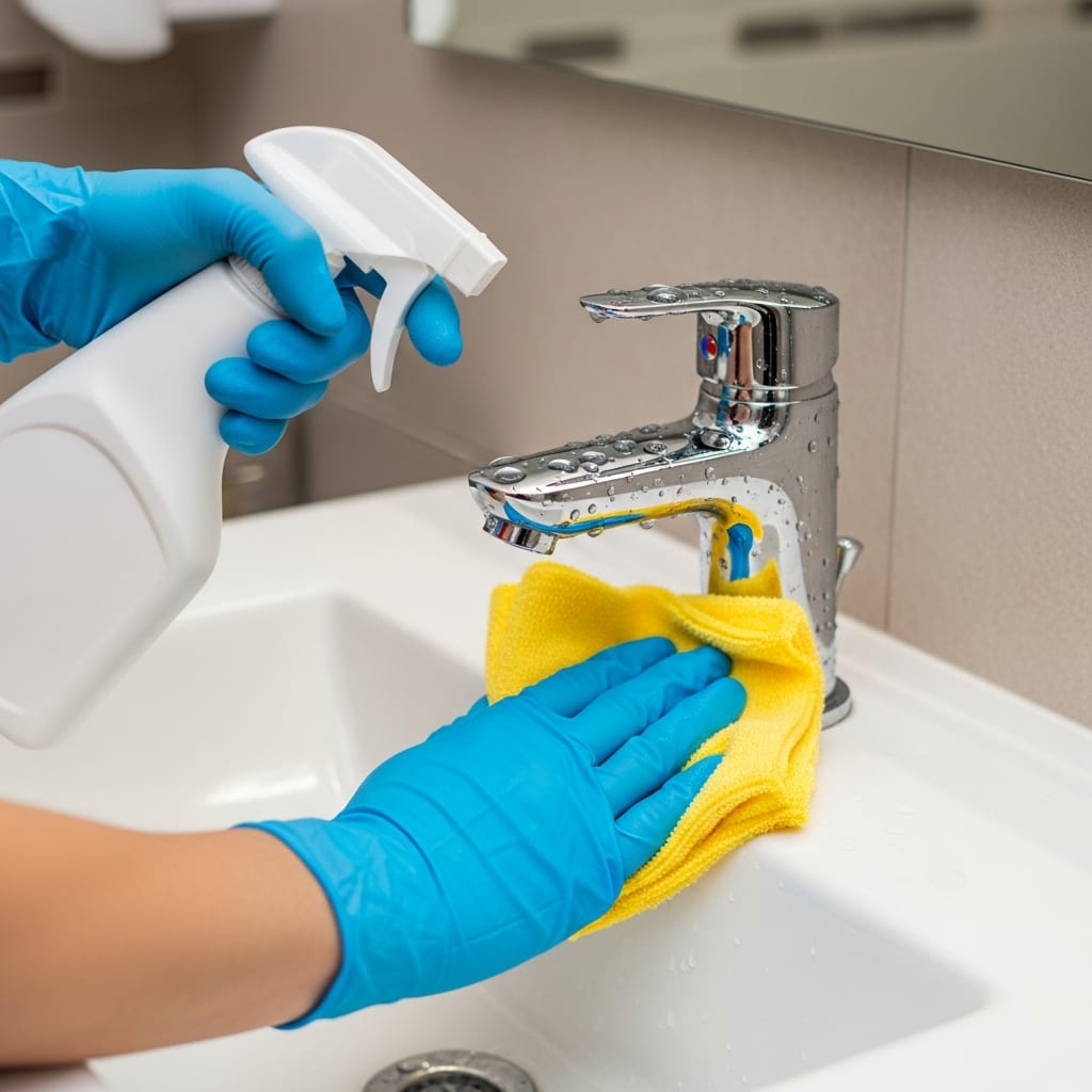 Close-up of hands wiping a chrome bathroom faucet with a cloth while following a house cleaning schedule.