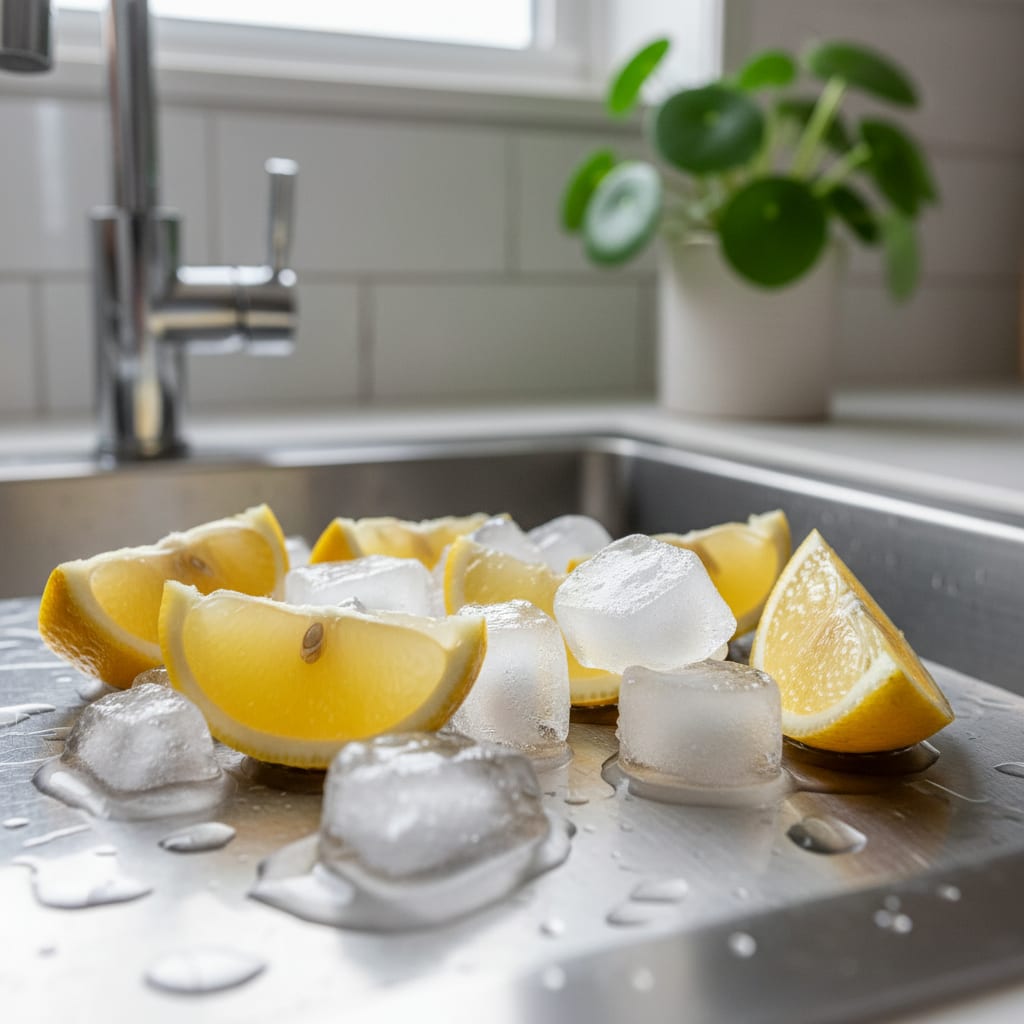 Close-up of lemon and ice in a sink, a natural technique used in summer kitchen cleaning for a fresh scent.