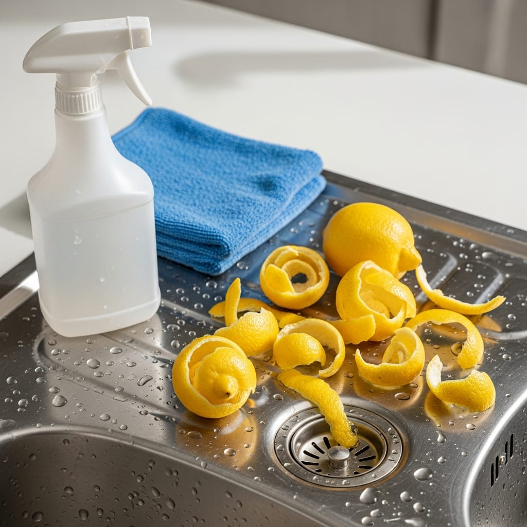 Close-up of lemon peels in a sink, part of essential summer home cleaning tips for a fresh-smelling kitchen.