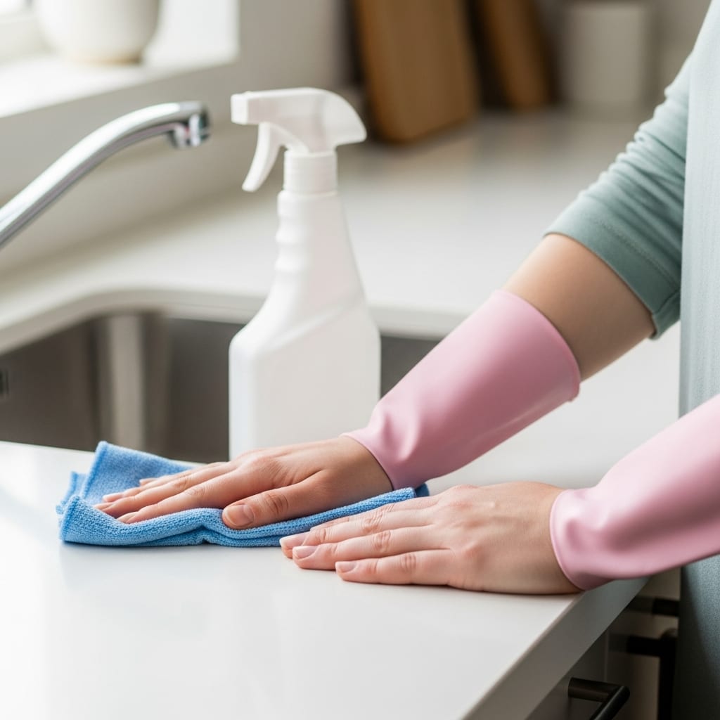 Close view of hands wiping a kitchen counter to follow a cleaning schedule for busy families that prioritizes high-traffic zones.