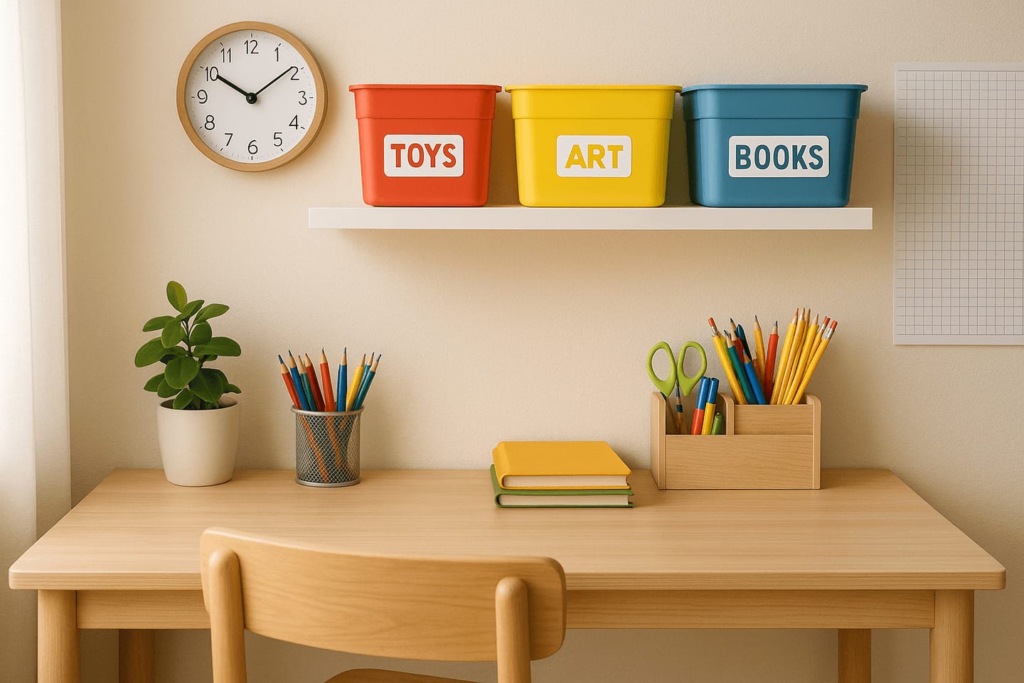back-to-school decluttered study space for kids with organized school supplies
