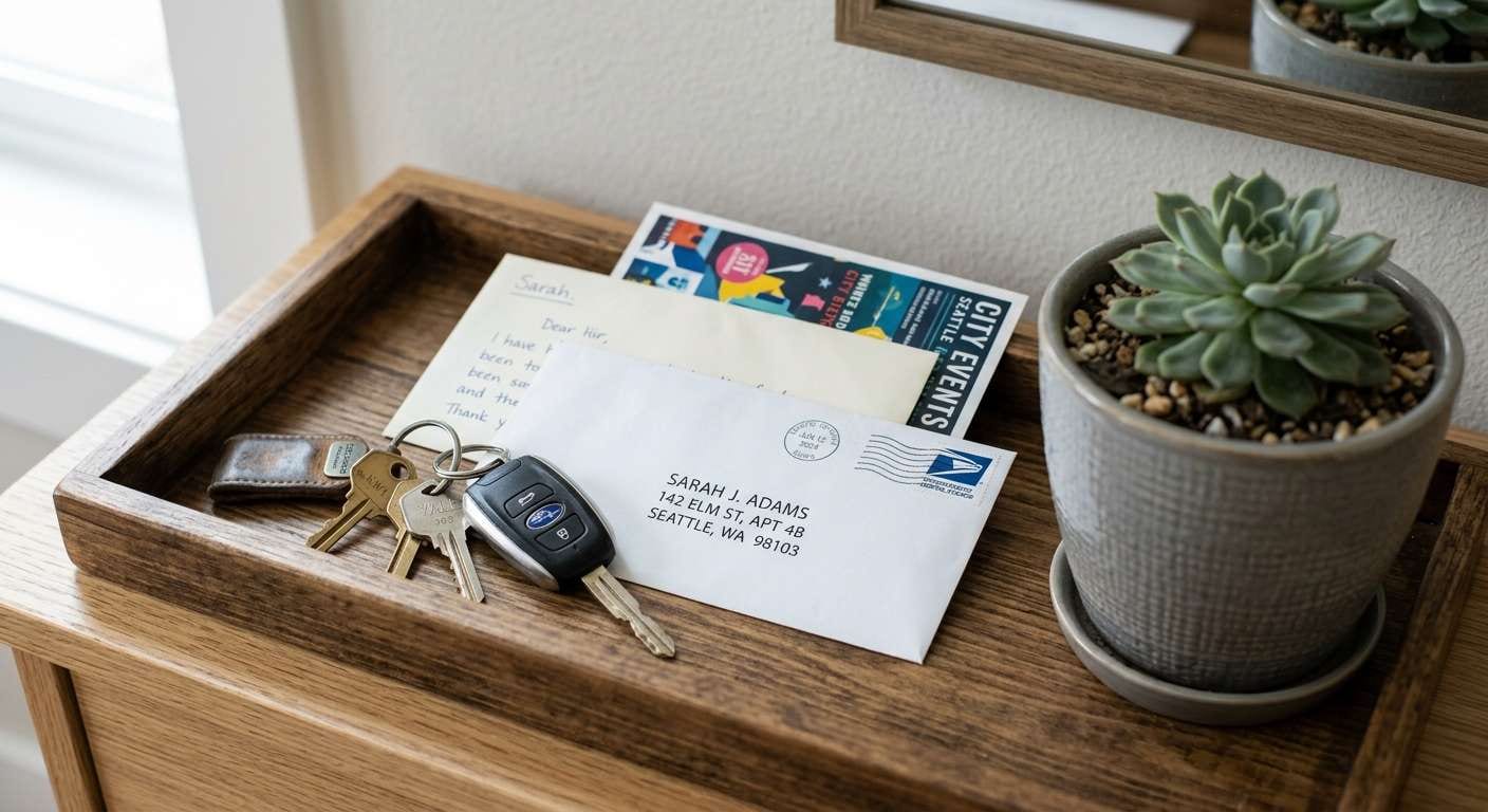 Detail of a clean console tray for keys, highlighting smart entryway organization ideas in a bright, modern home.