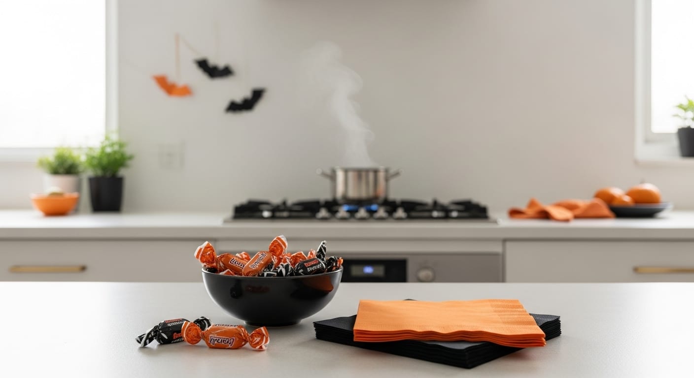 Halloween home prep in the kitchen: neat candy bowl and napkins with subtle bat garland